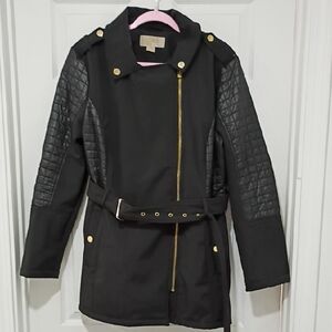 Michael Kors Black Coat Coat with Quilted Sleeve Panels and Gold Hardware